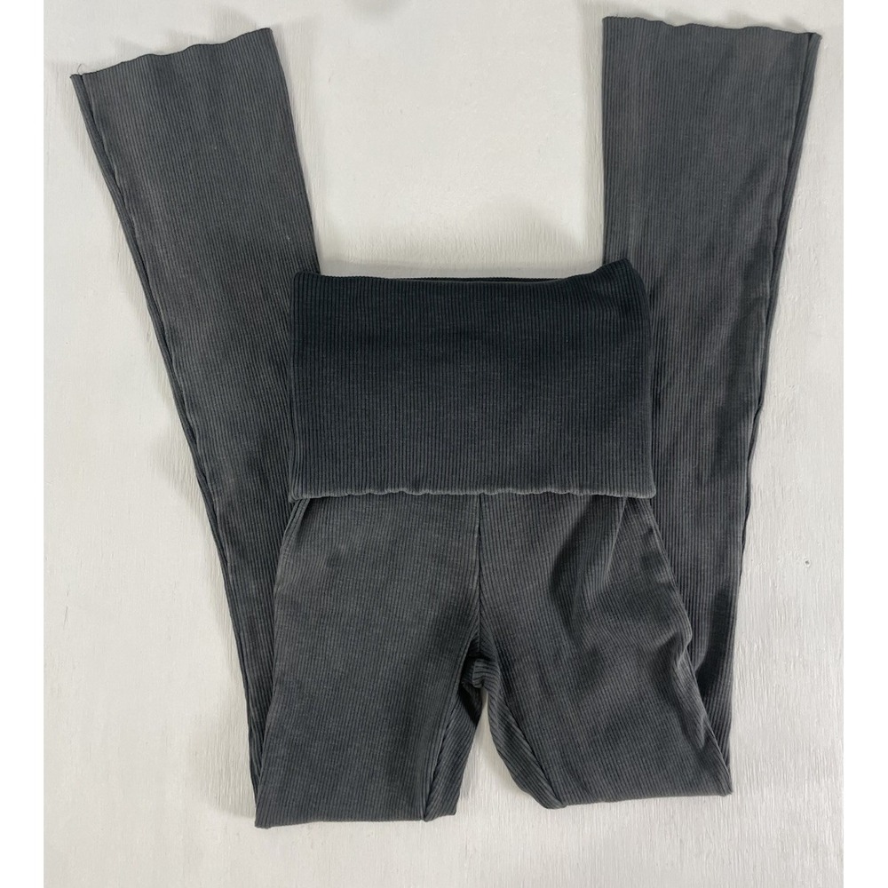 Zara Ribbed Fold Over Charcoal Gray Legging Pants Women's Size M Raw Hem